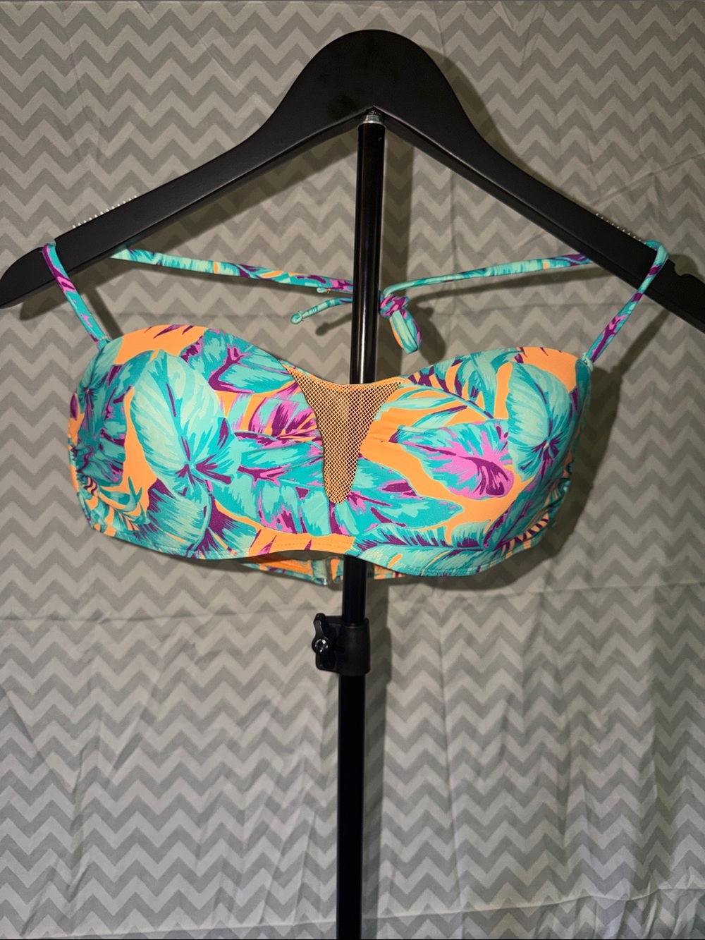 Tropical Leaf Print Bandeau Bikini Top - Aqua, Orange, Pink